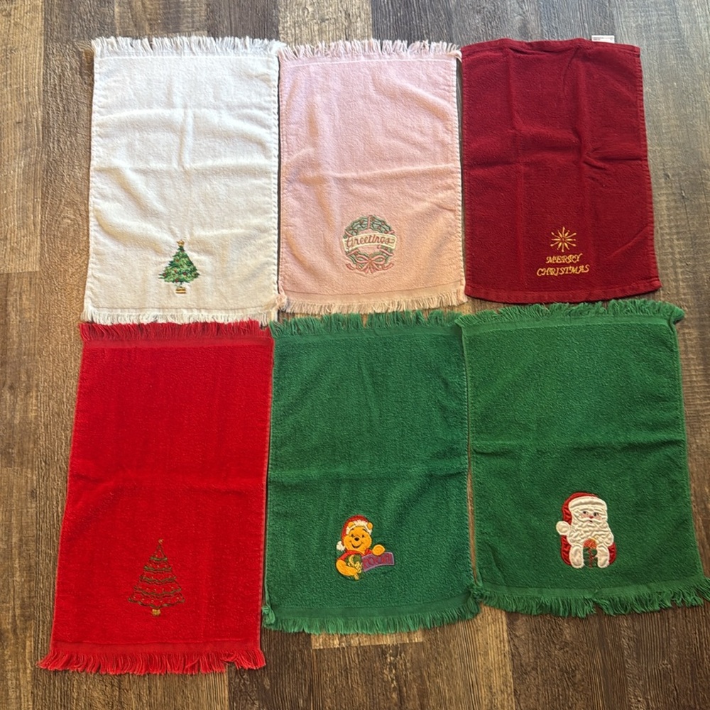 Vintage Set Of 6 Hand Guest Towels Christmas Holiday Fringe Cotton Embroidered - Picture 7 of 16